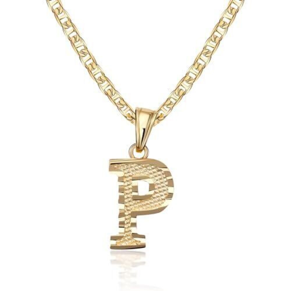 5514 18K Gold Plated Initial Necklace with Diamond Cut Initial,18" Chain